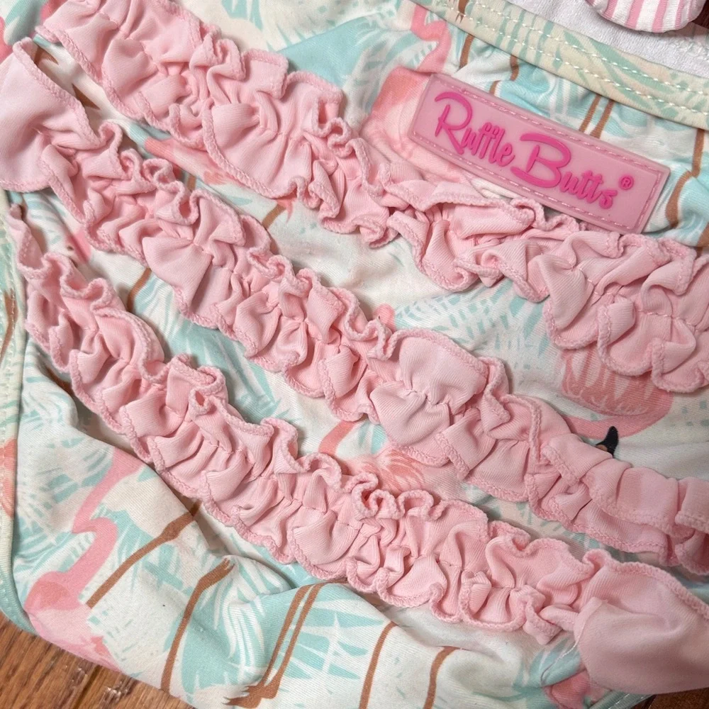Kids Pink Striped Ruffle Rash Guard Swim Top with Flamingo Briefs ruffle butt